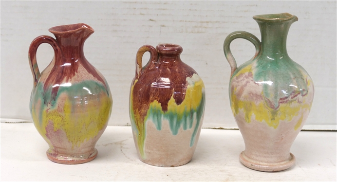 3 Smaller Pieces of Cole / Rainbow Art Pottery - 2 Rebecca Pitchers - 6 1/4 Tall 5 3/4 Tall and 5 Jug with Glaze Missing on Handle and Under Lip - All Unsigned 
