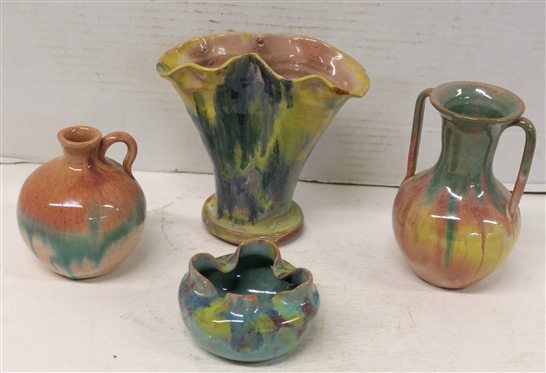4 Smaller Pieces of Cole / Rainbow Art Pottery - Double Handled 5 1/4 Vase, 4 Jug - Both Perfect, 6 Fan Vase and Fluted Bowl 3 Across - Both with Some Damage - All Unsigned