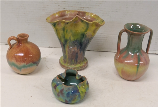 4 Smaller Pieces of Cole / Rainbow Art Pottery - Double Handled 5 1/4 Vase, 4 Jug - Both Perfect, 6 Fan Vase and Fluted Bowl 3 Across - Both with Some Damage - All Unsigned