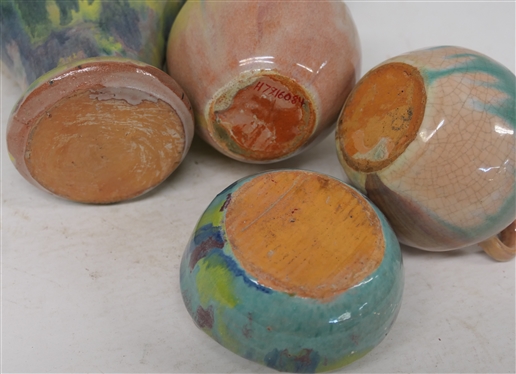 4 Smaller Pieces of Cole / Rainbow Art Pottery - Double Handled 5 1/4 Vase, 4 Jug - Both Perfect, 6 Fan Vase and Fluted Bowl 3 Across - Both with Some Damage - All Unsigned