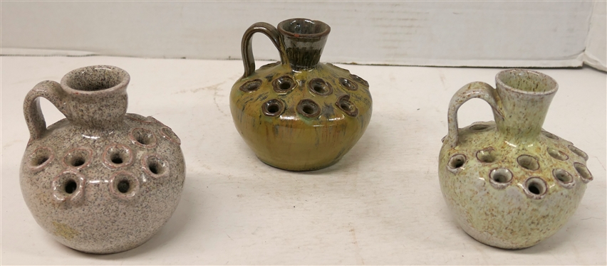3 A.R. Cole - North Carolina Pottery Flower Frog Vases - All Stamped A.R. Cole Pottery Sanford, N.C. - Each is approx. 4 Tall - Darkest Brown Glazed Has Small Chip on Top Edge 