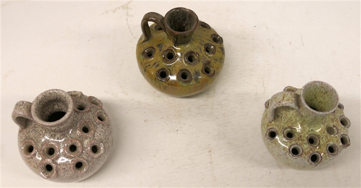 3 A.R. Cole - North Carolina Pottery Flower Frog Vases - All Stamped A.R. Cole Pottery Sanford, N.C. - Each is approx. 4 Tall - Darkest Brown Glazed Has Small Chip on Top Edge 