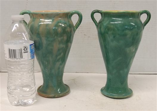 2 Seagrove - North Carolina Pottery Double Handled Vases - Attributed to the Cole Family of Potters - Each Vase Has Turquoise Green / Blue Glaze - One with Pink Glazed Interior Other with Yellow -...