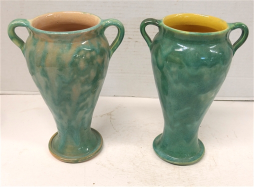 2 Seagrove - North Carolina Pottery Double Handled Vases - Attributed to the Cole Family of Potters - Each Vase Has Turquoise Green / Blue Glaze - One with Pink Glazed Interior Other with Yellow -...