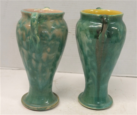2 Seagrove - North Carolina Pottery Double Handled Vases - Attributed to the Cole Family of Potters - Each Vase Has Turquoise Green / Blue Glaze - One with Pink Glazed Interior Other with Yellow -...