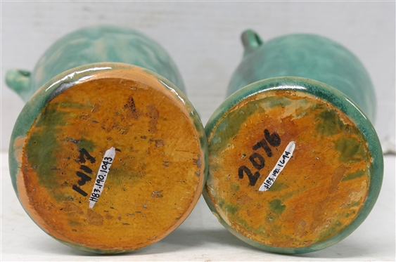2 Seagrove - North Carolina Pottery Double Handled Vases - Attributed to the Cole Family of Potters - Each Vase Has Turquoise Green / Blue Glaze - One with Pink Glazed Interior Other with Yellow -...