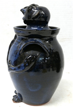 Jack T. Maness North Carolina Pottery Figural Jar - Man with Neck Tie - Signed in Script on Bottom and Stamped on Underside of Lid - Black and Blue Glazed - Small Chip on Ear - Jar is 9 1/2 Tall 