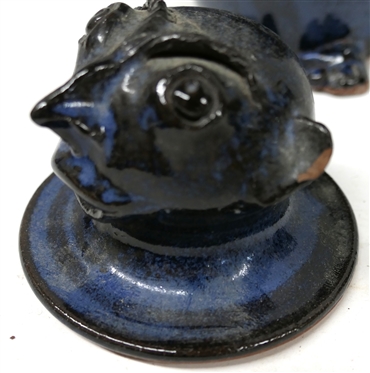 Jack T. Maness North Carolina Pottery Figural Jar - Man with Neck Tie - Signed in Script on Bottom and Stamped on Underside of Lid - Black and Blue Glazed - Small Chip on Ear - Jar is 9 1/2 Tall 