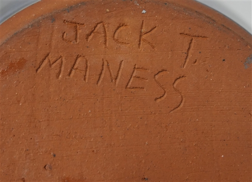 Jack T. Maness North Carolina Pottery Figural Jar - Man with Neck Tie - Signed in Script on Bottom and Stamped on Underside of Lid - Black and Blue Glazed - Small Chip on Ear - Jar is 9 1/2 Tall 