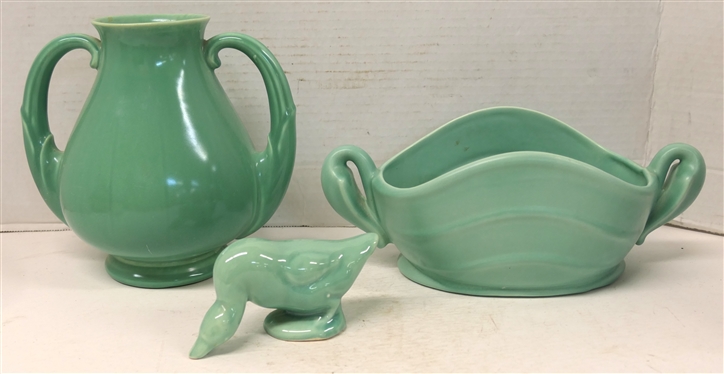 3 Pieces of Sea Foam Green Art Pottery - Stangl Double Handled 7 Vase - 3111, Stangl Oval Dish with Handles - 2022, and Unsigned Art Pottery Duck / Goose 2 1/2 Tall 