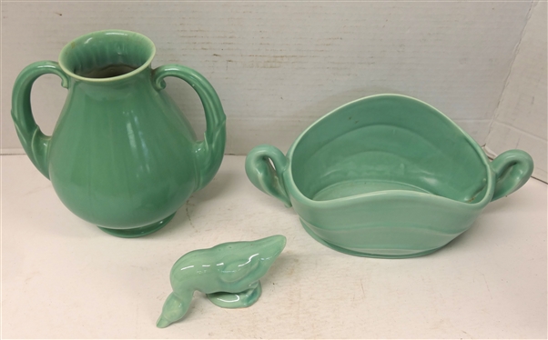 3 Pieces of Sea Foam Green Art Pottery - Stangl Double Handled 7 Vase - 3111, Stangl Oval Dish with Handles - 2022, and Unsigned Art Pottery Duck / Goose 2 1/2 Tall 