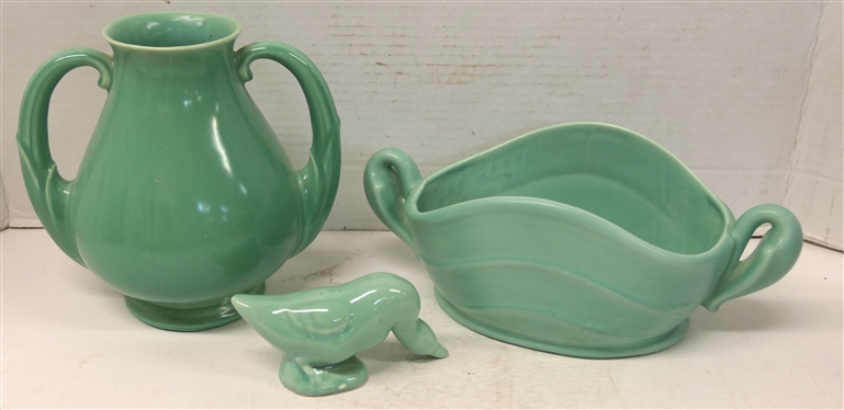 3 Pieces of Sea Foam Green Art Pottery - Stangl Double Handled 7 Vase - 3111, Stangl Oval Dish with Handles - 2022, and Unsigned Art Pottery Duck / Goose 2 1/2 Tall 