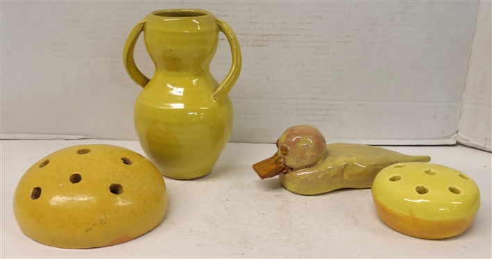 4 Pieces of Yellow Glazed Pottery - Seagrove North Carolina 6 1/2 Vase, Duck - 7 1/2 Beak to Tail, 5 Flower Frog, and 3 Flower Frog 