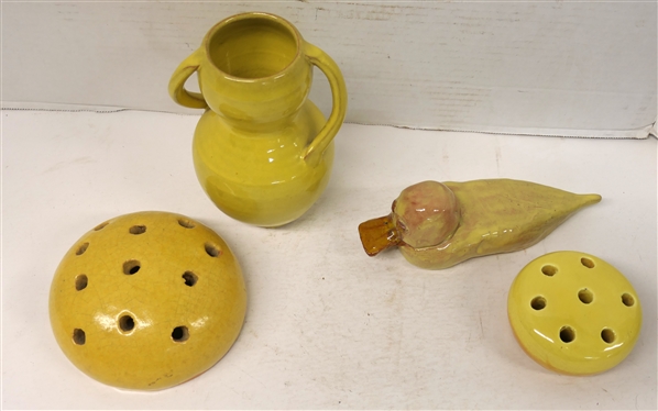 4 Pieces of Yellow Glazed Pottery - Seagrove North Carolina 6 1/2 Vase, Duck - 7 1/2 Beak to Tail, 5 Flower Frog, and 3 Flower Frog 