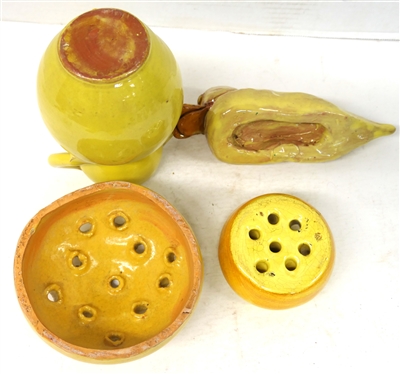 4 Pieces of Yellow Glazed Pottery - Seagrove North Carolina 6 1/2 Vase, Duck - 7 1/2 Beak to Tail, 5 Flower Frog, and 3 Flower Frog 