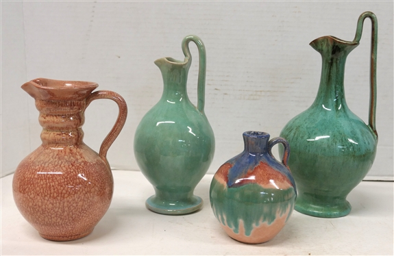 4 Pieces of Seagrove North Carolina Art Pottery - All Unsigned - 9 Rebecca Pitcher with Variegated Green Glaze, 8 Rebecca Pitcher with Lighter Green Glaze, Red Crackle Glazed 6 1/2 Pitcher, and...