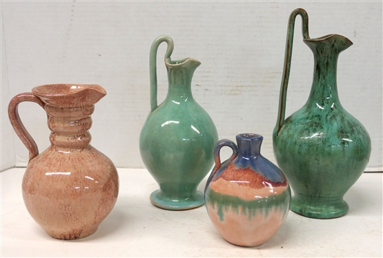 4 Pieces of Seagrove North Carolina Art Pottery - All Unsigned - 9 Rebecca Pitcher with Variegated Green Glaze, 8 Rebecca Pitcher with Lighter Green Glaze, Red Crackle Glazed 6 1/2 Pitcher, and...