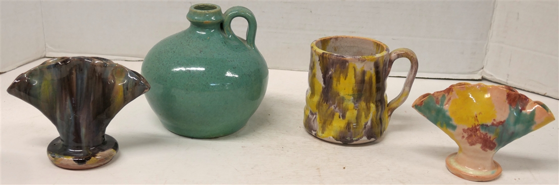 4 Pieces of Unsigned Seagrove North Carolina Pottery - 2 Fan Vases - 4 and 3 1/2, Turquoise Glazed 5 1/2 Jug, and Mug with Yellow and Purple Glazes 