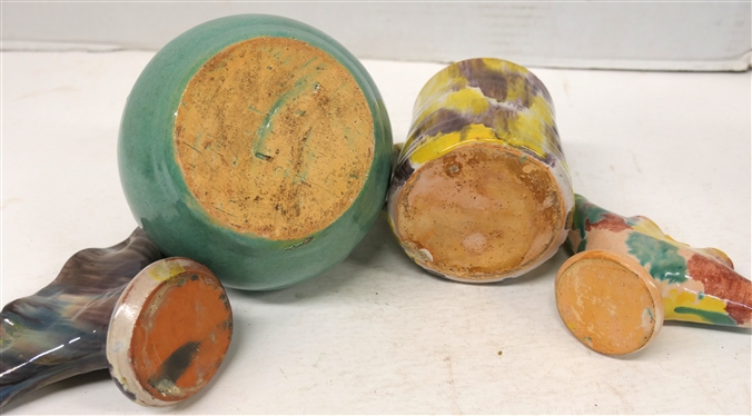 4 Pieces of Unsigned Seagrove North Carolina Pottery - 2 Fan Vases - 4 and 3 1/2, Turquoise Glazed 5 1/2 Jug, and Mug with Yellow and Purple Glazes 