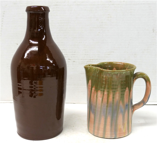 2 Pieces of North Carolina Pottery - Both Signed Seagrove - Brown Vase / Bottle 10 1/2" Tall and Small Pitcher with Green, Pink, and Blue Glaze 6" Tall 