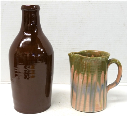 2 Pieces of North Carolina Pottery - Both Signed Seagrove - Brown Vase / Bottle 10 1/2 Tall and Small Pitcher with Green, Pink, and Blue Glaze 6 Tall 