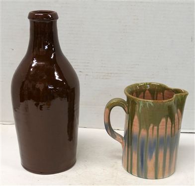 2 Pieces of North Carolina Pottery - Both Signed Seagrove - Brown Vase / Bottle 10 1/2 Tall and Small Pitcher with Green, Pink, and Blue Glaze 6 Tall 