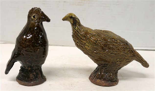 2 Marie Rogers Pottery Bird Sculptures Standing Bird is 5 Tall Other Bird is 7 Beak to Tail - Marie Rogers - Georgia Folk Potter  