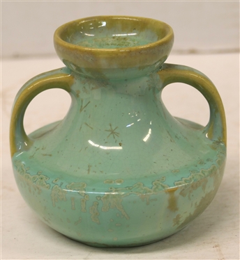 Fulper Pottery Crystalline Double Handled Candle Stick - Light Green Crystalline Glaze - 3 3/4 Tall - Stamped Fulper on Bottom 
