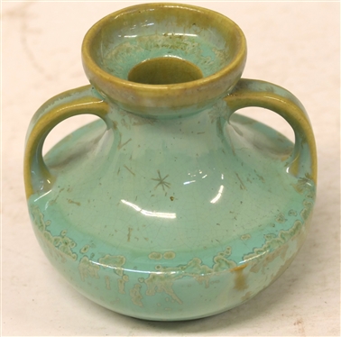Fulper Pottery Crystalline Double Handled Candle Stick - Light Green Crystalline Glaze - 3 3/4 Tall - Stamped Fulper on Bottom 