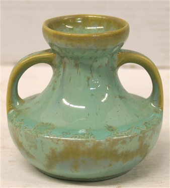 Fulper Pottery Crystalline Double Handled Candle Stick - Light Green Crystalline Glaze - 3 3/4 Tall - Stamped Fulper on Bottom 