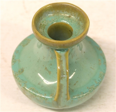 Fulper Pottery Crystalline Double Handled Candle Stick - Light Green Crystalline Glaze - 3 3/4 Tall - Stamped Fulper on Bottom 