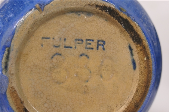 2 Pieces of Fulper Pottery - Pitcher with Blue Glaze - Number 830 and Low Bowl with Black Mirrored Glaze and Blue Interior - Repaired on Side - Pitcher is 4 Tall 
