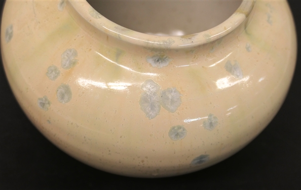 Pisgah Forest Crystalline Glazed Vase - White Body with Light Blue Green Crystals - Stamped on Bottom - Vase is 5 Tall 5 Across