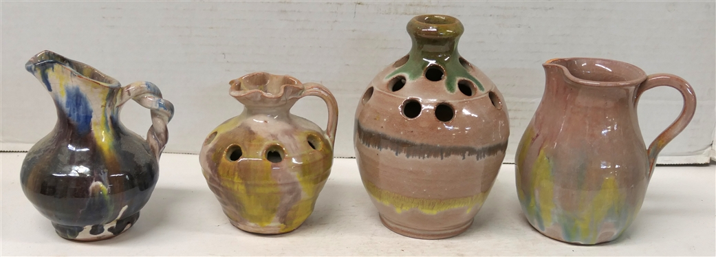 4 Pieces of Rainbow Glazed Seagrove North Carolina Pottery - 6 Flower Frog Jug Signed Seagrove, 3 1/2 Flower Frog Pitcher - Some Minor Glaze Flaking, 4 1/2 Pitcher with Braided Handle, and 4...