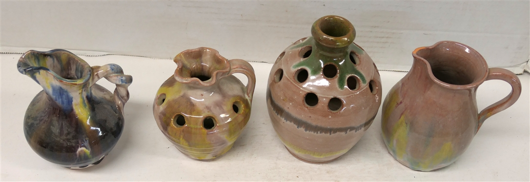 4 Pieces of Rainbow Glazed Seagrove North Carolina Pottery - 6 Flower Frog Jug Signed Seagrove, 3 1/2 Flower Frog Pitcher - Some Minor Glaze Flaking, 4 1/2 Pitcher with Braided Handle, and 4...