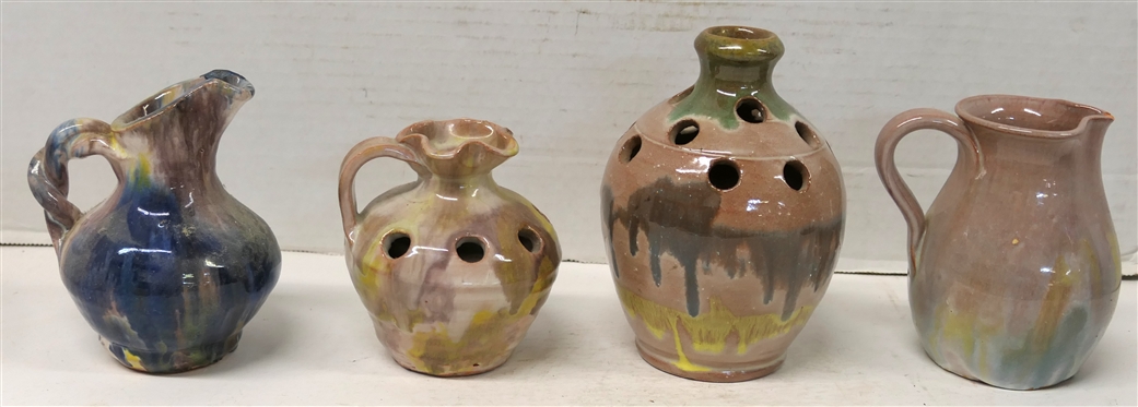 4 Pieces of Rainbow Glazed Seagrove North Carolina Pottery - 6 Flower Frog Jug Signed Seagrove, 3 1/2 Flower Frog Pitcher - Some Minor Glaze Flaking, 4 1/2 Pitcher with Braided Handle, and 4...
