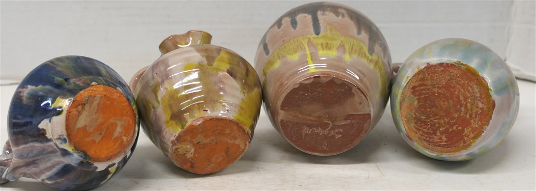 4 Pieces of Rainbow Glazed Seagrove North Carolina Pottery - 6 Flower Frog Jug Signed Seagrove, 3 1/2 Flower Frog Pitcher - Some Minor Glaze Flaking, 4 1/2 Pitcher with Braided Handle, and 4...
