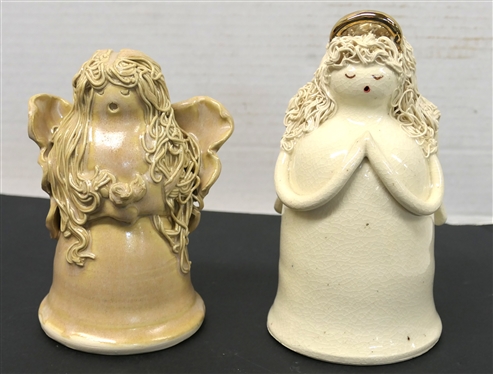 2 Art Pottery Angels - White with Gold Halo - EJ 09 and Light Tan by Lantern Hill Pottery - Seagrove, NC - White Angel is 6 1/2 Tall Tan is 5 1/2 