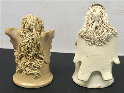 2 Art Pottery Angels - White with Gold Halo - EJ 09 and Light Tan by Lantern Hill Pottery - Seagrove, NC - White Angel is 6 1/2 Tall Tan is 5 1/2 