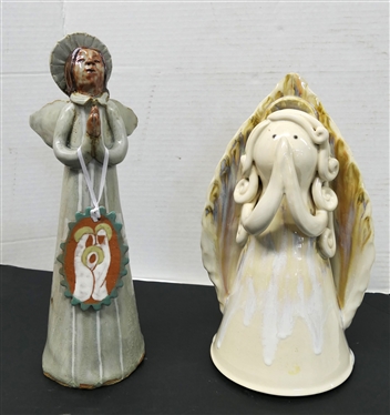 2 Art Pottery Angels - White Glazed Kovak - Seagrove, NC - CSK - MK - PJ 2010 17th Annual Spring Fest - 6/10 - 10 1/2 Tall and Lovejoy Pottery Angel - 12 1/2 Tall with Olive Branch Pottery...