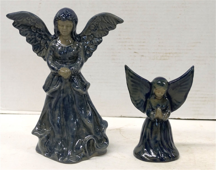2 Beaumont Brothers Pottery Angels - Signed "BBP" - Blue Glazed Ohio Art Pottery 8 1/2" Dated 1997 and 5 1/4" Dated 1995