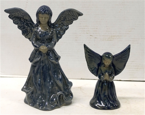 2 Beaumont Brothers Pottery Angels - Signed BBP - Blue Glazed Ohio Art Pottery 8 1/2 Dated 1997 and 5 1/4 Dated 1995