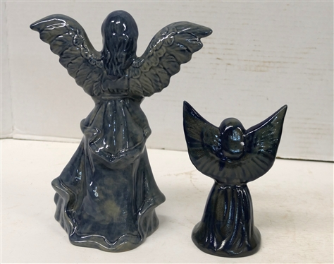 2 Beaumont Brothers Pottery Angels - Signed BBP - Blue Glazed Ohio Art Pottery 8 1/2 Dated 1997 and 5 1/4 Dated 1995