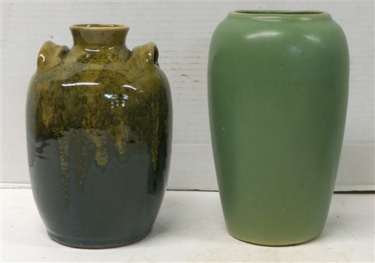 North Cole Pottery -Sanford, NC - Kevin Brown Potter - Contemporary Double Handled Vase with Dark Green and Yellow Variegated Glaze and Vintage Green Glazed 8 Vase