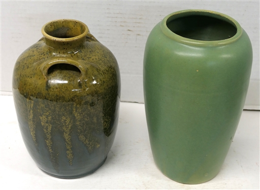 North Cole Pottery -Sanford, NC - Kevin Brown Potter - Contemporary Double Handled Vase with Dark Green and Yellow Variegated Glaze and Vintage Green Glazed 8 Vase