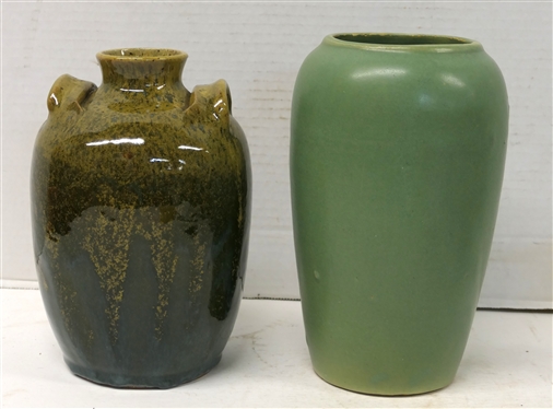 North Cole Pottery -Sanford, NC - Kevin Brown Potter - Contemporary Double Handled Vase with Dark Green and Yellow Variegated Glaze and Vintage Green Glazed 8 Vase
