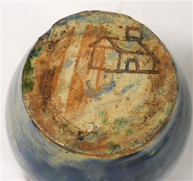 Log Cabin Pottery - Guilford County, NC - 1926 - 1933 - 4 Vase - Incised Cabin on Bottom - Blue Glaze - Minor Imperfection on Side of Body 