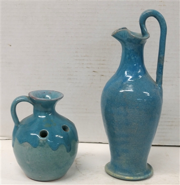 2 Pieces of North State Pottery - Both Signed Handmade by North State Pottery - Sanford, NC (1939 - 1959) - Blue Glazed Rebecca Pitcher 10 To Top of Handle and Flower Frog Jug - 5 Tall 