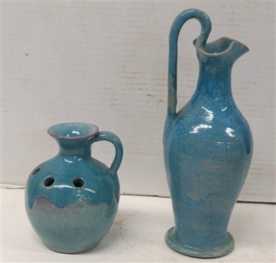 2 Pieces of North State Pottery - Both Signed Handmade by North State Pottery - Sanford, NC (1939 - 1959) - Blue Glazed Rebecca Pitcher 10 To Top of Handle and Flower Frog Jug - 5 Tall 