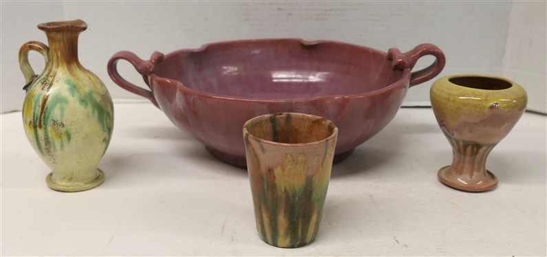 4 Pieces of North Carolina Pottery Attributed to the Cole Family - 4 Vase, 4 Tumber, 6 Rebecca Pitcher, and Pink Glazed Double Handle Bowl 11 Across - One Handle is Repaired - Some Glaze Flakes...